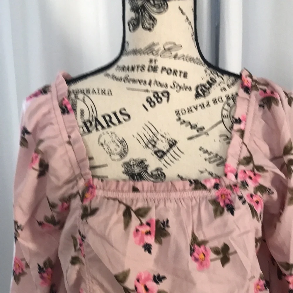 New Sexy Pink Flower Blouse Top square neck